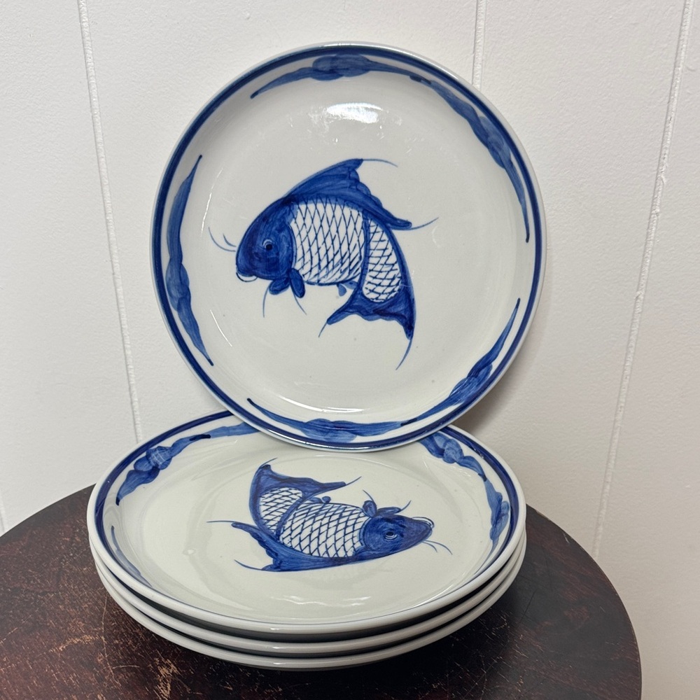 Koi fish dessert plates set of 4 blue white